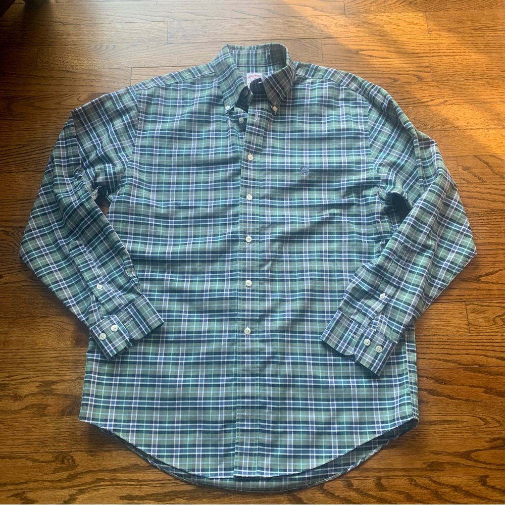 Brooks Brothers Pinpoint Oxford Shirt Plaid w Logo Sz M EUC